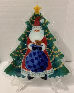 Peggy Karr Fused Glass Santa & Christmas Tree 14” Cookie Serving Tray Plate - Picture 1 of 5