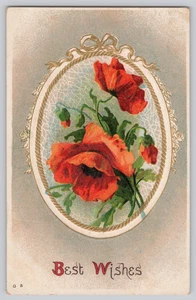 Best Wishes Red Poppy Embossed Postcard Early 1900s Divided Back Floral Germany - Picture 1 of 3