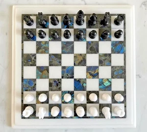 Marble Chess Set with Labradorite Stone Mosaic Art Handmade Semi-Precious Stone - Picture 1 of 8