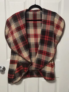 Cozy Open Front Plaid Vest with Pockets Red/Tan/Gray Cotton-Poly Blend Flannel M - Picture 1 of 5