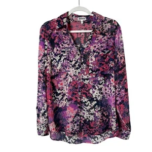 Express Portofino Shirt Women L Pink Purple Floral Button Up Roll Tab Sleeve Top - Picture 1 of 12