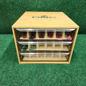 Vintage DMC Thread Floss Wooden Wood 3 Drawer Box Embroidery Storage W/ Dividers - Picture 1 of 8