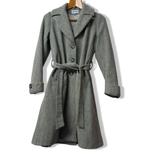 Brora Harris Tweed Wool Belted Trench Coat Long Jacket Green 12 Medium - Picture 1 of 16