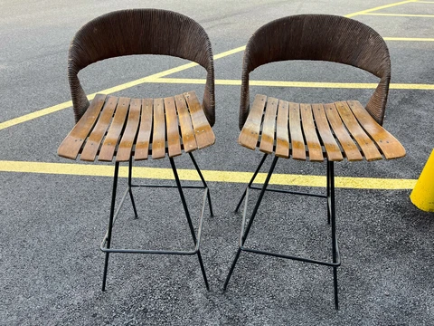 Vintage Mid Century Modern Pair of Arthur Umanoff Bar Stools Wooden Slats Cover