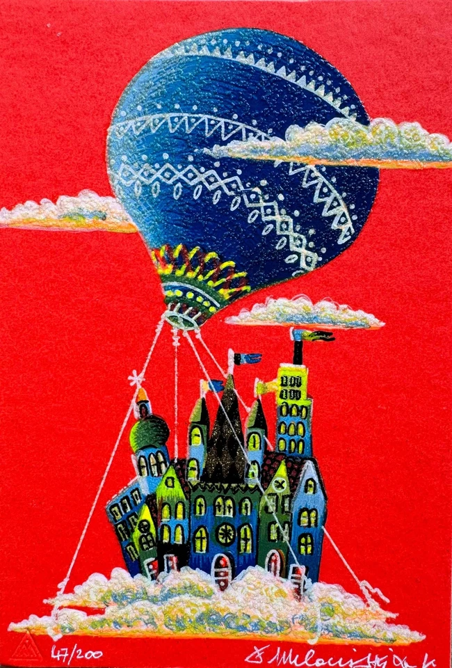 Trasloco in mongolfiera Meloniski da Villacidro Opera SERIGRAFIA Dipinto Quadro - Immagine 1 di 1