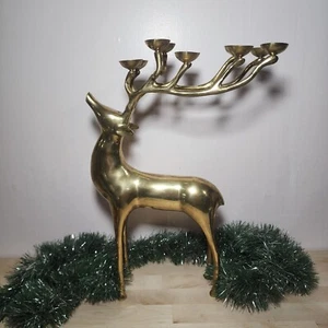 Mid Century Modern GOLD Solid Brass Reindeer 10 Candle Made In India Vtg 19.25" - Picture 1 of 12