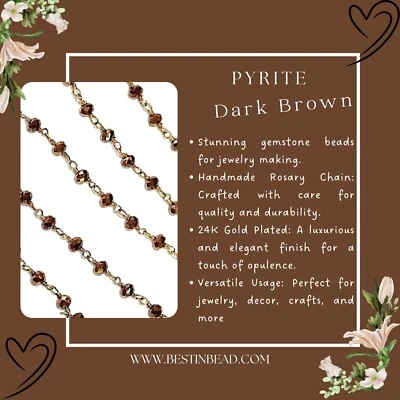 Cadena de rosario de pirita marrón oscuro chapada en oro de 24K | Cuentas de rondelle facetadas de 3 mm Foto 1 de 4