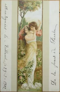 Französische Postkarte Jugendstil 1902, Paar im Garten, Farblitho - Bild 1 von 1