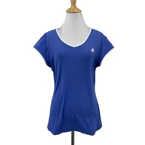 Adidas Shirt Womens L Blue Jay Contrast Trim Nylon V Neck Lightweight Cap Sleeve - Picture 1 of 10