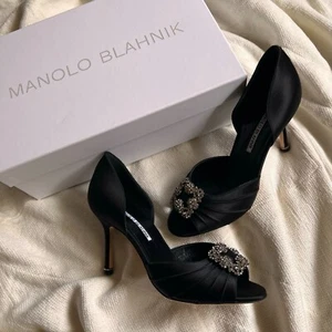 Manolo Blahnik Cassiado d'Orsay Crystal Pump Open Toe 90 mm Black Satin 36 NEW - Picture 1 of 13