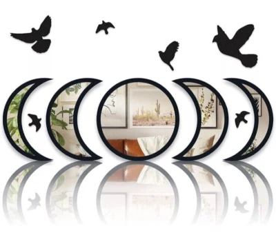 Juego de espejos fase lunar con pájaros | Decoración de pared natural escandinava para el hogar  Foto 1 de 3
