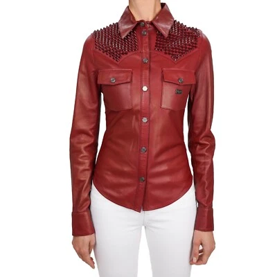 PHILIPP PLEIN COUTURE Tachuelas Cuero Chaqueta Camisa Blusa BE REAL Rojo S 4 09122 Foto 1 de 4