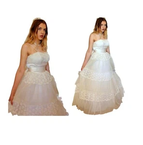 Vestido de novia blanco satinado encaje capas volantes falda completa años 50 XS vestido de noche 8 - Imagen 1 de 12