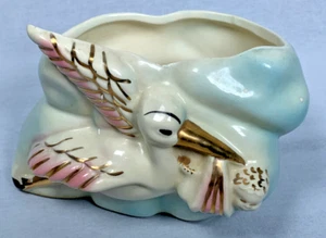 Vintage 6” Ceramic Stork Deliverying Baby Boy Nursery Planter Blue w/ Gold Trim - Picture 1 of 7