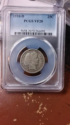 1910 D Barber Silver Quarter Dollar 25C PCGS VF20  Beauty Original          5174 - Image 1 of 4