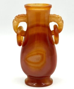 Antike chinesische handgeschnitzte Achat Cornelian Vase Rollengriffe & gefangene Ringe - Bild 1 von 19