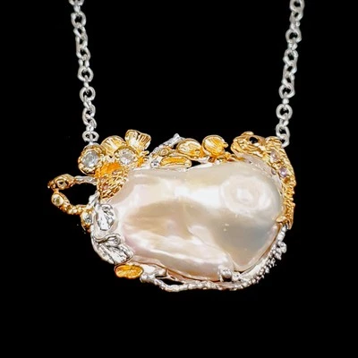 Handmade Natural Baroque Pearl Necklace 925 Sterling Silver 17.5"/N26396 - Image 1 of 4