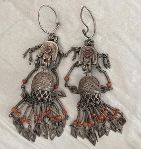 Antique Vintage Chandelier Tassel Earrings Metal Silver Coral Mary Turkmenistan - Picture 1 of 13