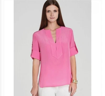 NUEVA BLUSA DE SEDA BCBGMAXAZRIA Talla L Emmalise Berry Blush manga enrollable Foto 1 de 4