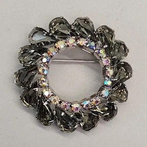 Rhinestone Brooch Wreath Vtg Smokey Gray Silver Tone AB Round Prong Teardrop - Picture 1 of 11