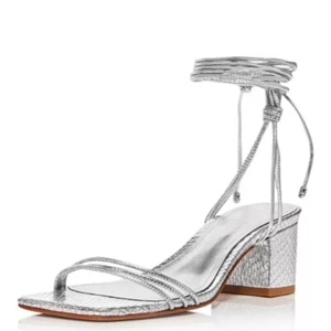 Sandali Schutz Wrap taglia 8,5 argento metallizzato eleganti tacco a blocco scarpe punta quadrata - Foto 1 di 14
