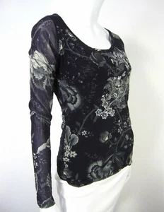 Top blusa manica lunga FUZZI L maglia grande nero floreale scoop paillettes ricamate - Foto 1 di 12