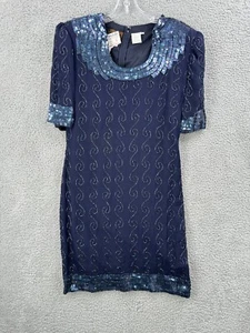 NEW Allure Womens Beaded Party Cocktail Dress Silk Size XL Blue Sparkly - Picture 1 of 12