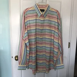 MINE London Mens XL 100% Linen Long Sleeve Rainbow Stripes Button Down Shirt - Picture 1 of 11