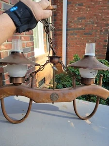 Rare Lavery & Co. Mid-Century Wooden Oxen Harness 2-Lamp Chandelier Ranch-Style - Picture 1 of 9