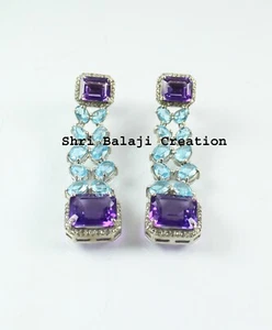 Earring Rosecut Diamond Amethyst Blue Topaz 925 Sterling Silver Earring Jewelry - Picture 1 of 4