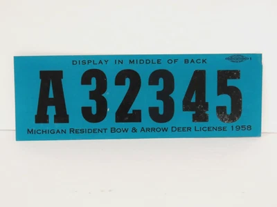 Arco y flecha de caza residente de Michigan 1958 licencia etiqueta trasera Foto 1 de 2