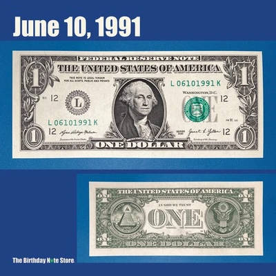 June 10, 1991 Birthday Anniversary $1 One Dollar Bill Serial Number 06101991 - Image 1 of 2