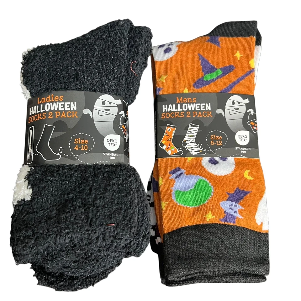 Halloween His & Hers Socks 2 Sets of 2 Pack ALDI Cozy Crew Novelty 4 Pairs All