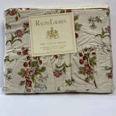 Vtg Ralph Lauren Emily Anne Floral Ruffled King Flat Sheet Cottage Granny Chic - Image 1 of 4