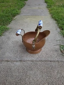 Vintage Copper & Brass Coal Ash Scuttle Bucket With Ceramic/Porcelain Handles - Picture 1 of 8