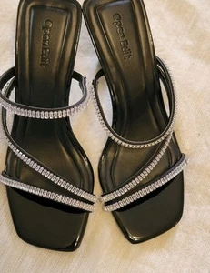Open Edit Womens Kitten Heels Strappy Sandals Slip On Rhinestones Black Sz 6 - Picture 1 of 9