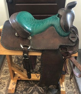 Custom western Leddy saddle, vintage "Sofa Ride" 16, green seat and buckstich 