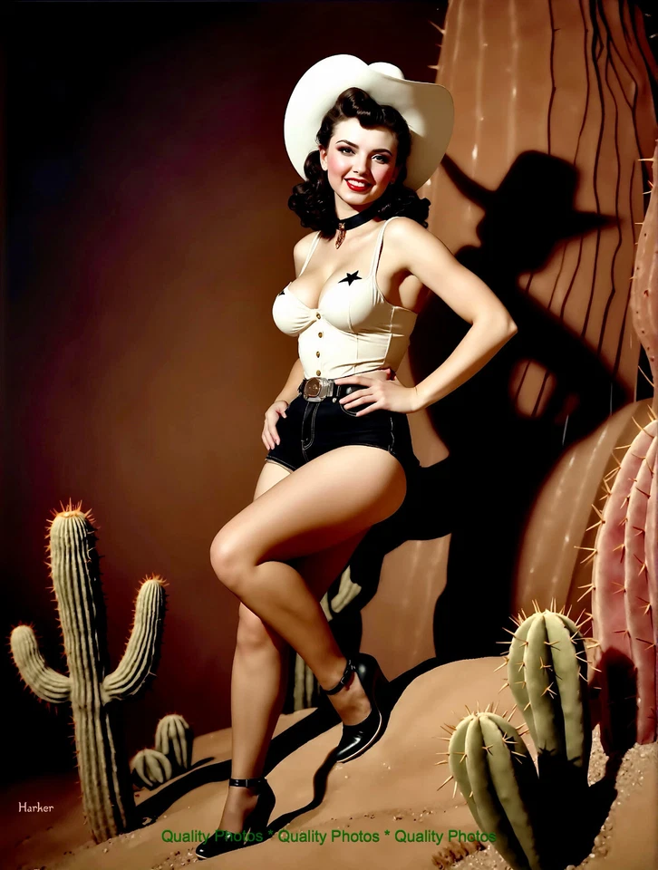 Vaqueira posou com pinup de cacto 8,5x11" foto impressão estilo Gil Elvgren/arte Harker - Imagem 1 de 1