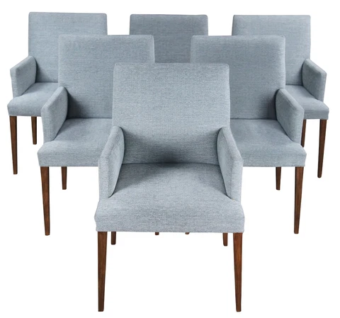 6 Vintage Modern Upholstered Walnut Finish Gray Track Arm Dining Chairs MCM 36" Cover