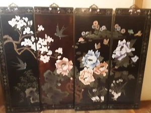 Vintage Black Lacquer Chinese Wall Decor- Large- Set 4-Birds, Flowers - Picture 1 of 12