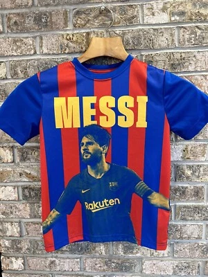 巴塞罗那足球俱乐部巴萨衬衫青少年男孩 M 莱昂内尔·梅西足球图形标志运动 — 第 1/4 张图片
