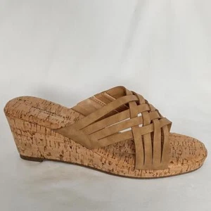 CLOUDWALKERS NEW Womens Tan Slide Sandals 11 W Wide Cork Wedge Faux Suede Beige - Picture 1 of 8