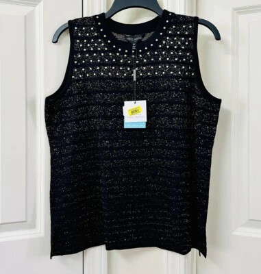 Ming Wang Studded Sparkle Stripe Metallic Knit Vest, Size-M - Image 1 of 4