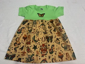 Little Girl’s Dress Old School Tattoos Green Brown Embroidered Butterfly Size 3T - Picture 1 of 17