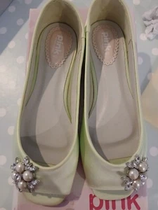 PALE GREEN OPEN TOE WEDDING SHOES / PUMP/ PEARLS/ DIAMONTE BY " PINK" SIZE 7/ 40 - Picture 1 of 18
