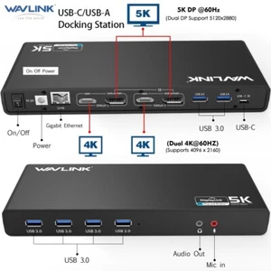 USB 3.0 & USB-C Laptop Docking Station,Single 5K/Dual 4K Monitor for Windows,Mac - Picture 1 of 18