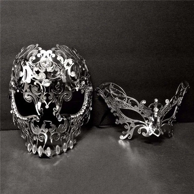 Men Women Couple Metal Evil Skull Venetian Laser Cut Party Ball Masquerade Masks - Image 1 of 4