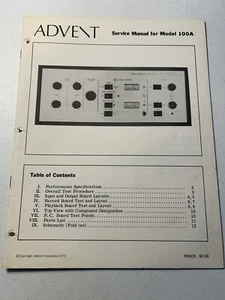 Unidad de Reducción de Ruido Advent Modelo 100A Manual de Servicio Original OEM De Colección - Imagen 1 de 4