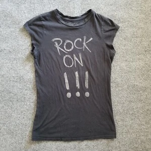Miley Cyrus Max Azria Women T Shirt L Black W Gray Rock On !!! Short Slv Stretch - Picture 1 of 9