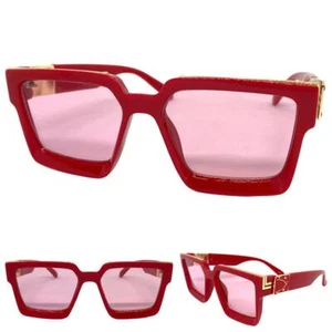 Classic Vintage Retro Hip Hop Style SUN GLASSES Large Square Red Frame Dark Lens - Picture 1 of 6